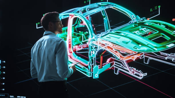 istock Innovative Green Energy Startup: Male Engineer Designing Electric Car Using Tablet Computer and Big Wall Screen to Analyse Prototype. Concept for Sustainable Zero Emissions Carbon Neutral Vehicle 1355632647
