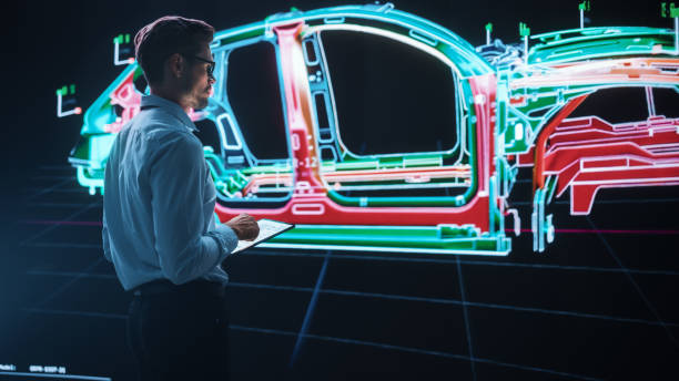 istock Innovative Green Energy Startup: Male Engineer Designing Electric Car Using Tablet Computer and Big Wall Screen to Analyse Prototype. Concept for Sustainable Zero Emissions Carbon Neutral Vehicle 1355632650