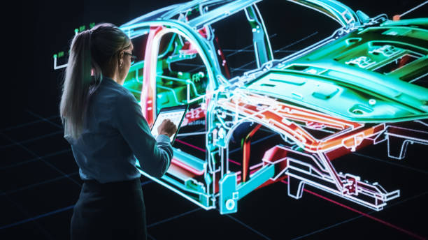 istock Innovative Green Energy Startup: Female Engineer Designing Electric Car Using Tablet Computer and Big Wall Screen to Analyse Prototype. Concept for Sustainable Zero Emissions Carbon Neutral Vehicle 1355632658