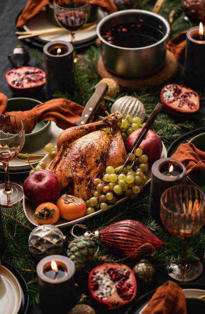 istock Christmas dinner festive table setting over black linen tablecloth 1355633988