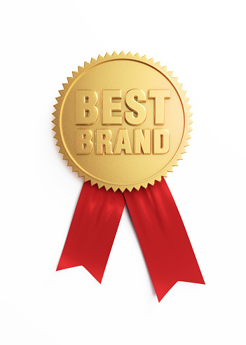 Gold medal on white background, Best brand reads on the gold medal. Vertical composition with clipping path. Great use for reward concepts.