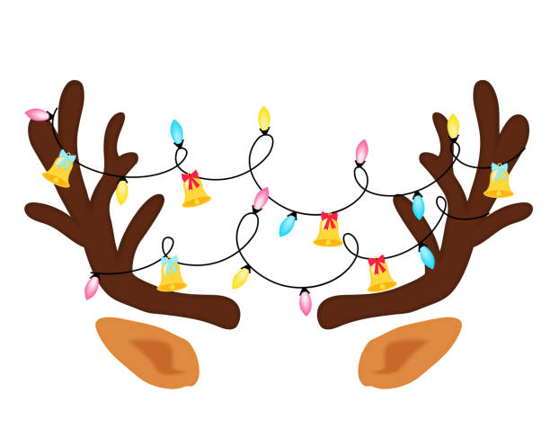 istock Reindeer antlers with Christmas light. Funny selfie photo mask 1355635082