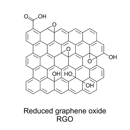 Reduced graphene oxide, RGO, chemical formula and structure. A nanomaterial, made by the reduction of graphene oxide. A single-atomic layered material, arranged in a two-dimensional honeycomb lattice.