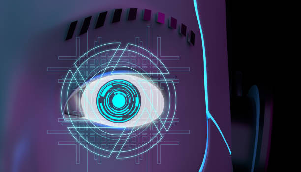 istock Illustration of a cyborg robot eye in neon lighting. 3D Render 1355635459