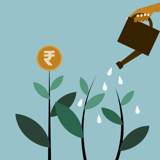 Conceptual illustration of a hand watering the plants flowered with Rupee coins Conceptual illustration of a hand watering the plants flowered with Rupee coins rupee coin stock illustrations