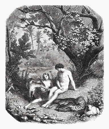 Adam and Eve in the Garden of Eden in the their state of Innocence (Genesis 2). Wood engraving, published in 1862.