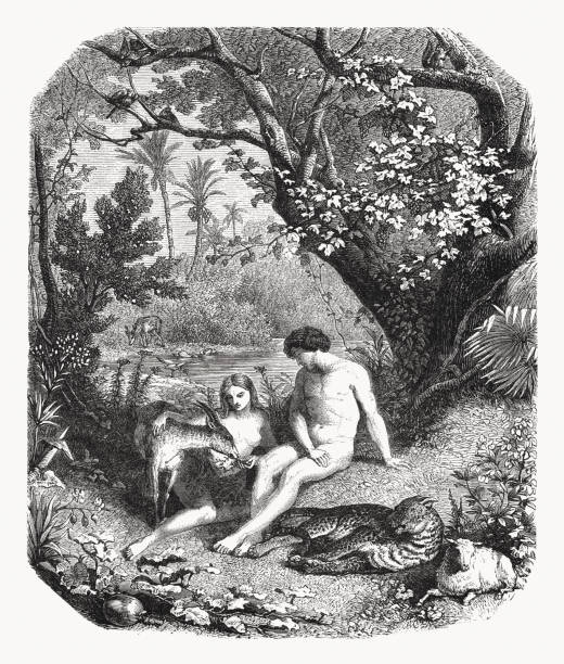 adam and eve in the paradise, wood engraving, published 1862 - leopard 2 幅插畫檔、美工圖案、卡通及圖標