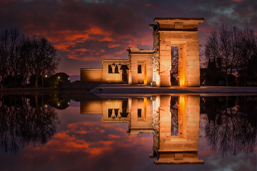 The most unusual attraction in Madrid - The Temple of Debod. Parque del Oeste. Spain