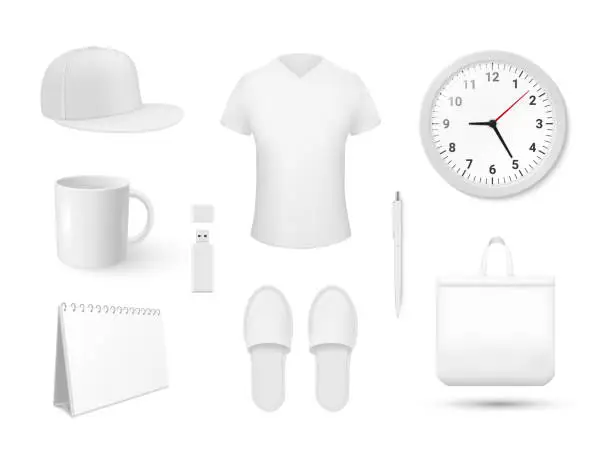 Vector illustration of White blank merchandising items set realistic vector illustration. Promotional corporate branding