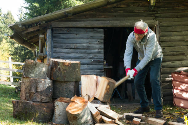istock Senior man chopping firewood 1355642957
