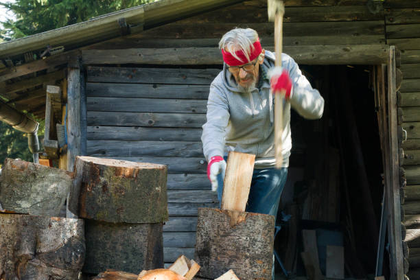 istock Senior man chopping firewood 1355643528