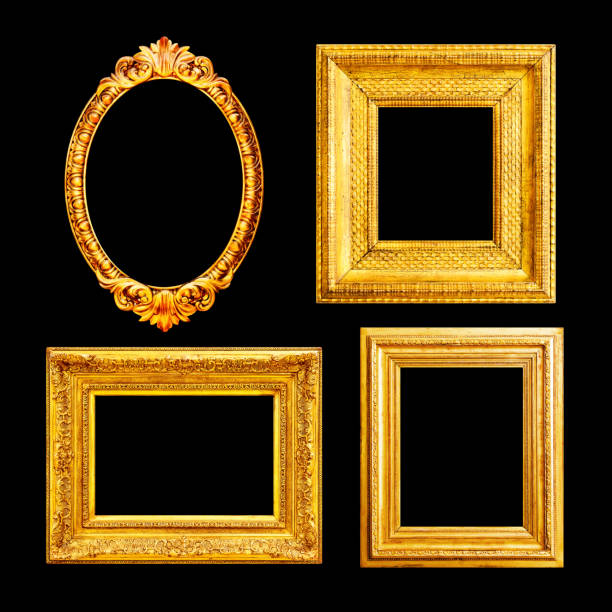 vintage ornate luxury gold frames isolated on black background - frame ellipse gold paintings imagens e fotografias de stock