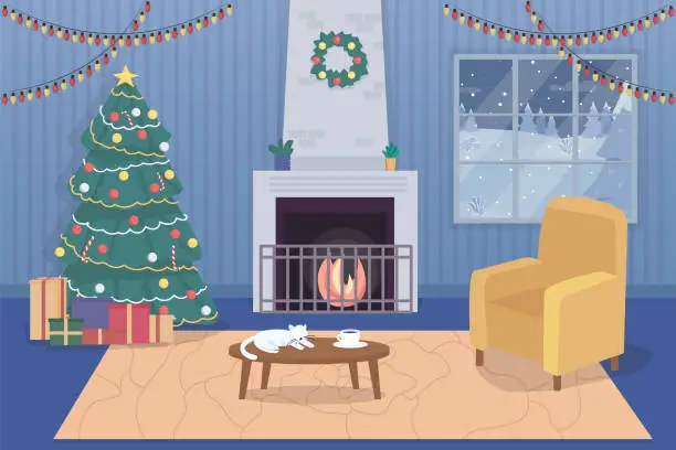 Vector illustration of Cozy home at Christmas flat color vector illustration