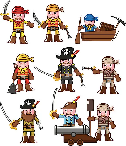 Vector illustration of cartoon pirate people set