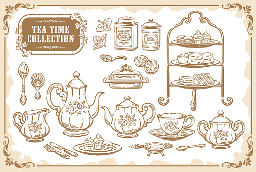 Collection of tea time objects. Vintage tools and pastries. Vector illustration.