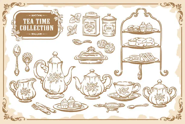 Vector illustration of Collection of tea time objects. Vintage tools and pastries. Vector illustration.