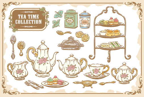 Collection of tea time objects. Vintage tools and pastries. Vector illustration.
