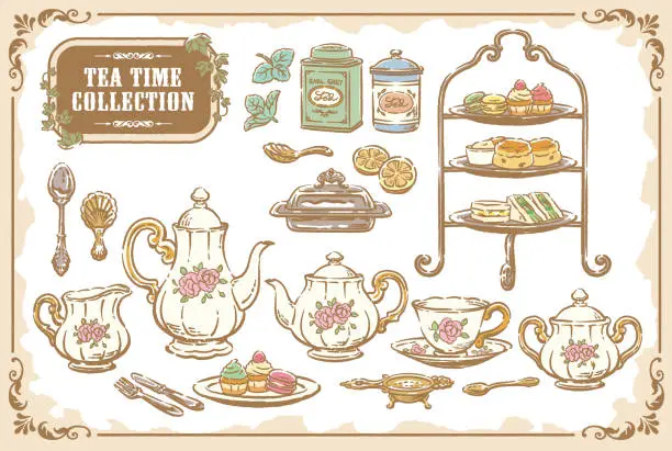 Vector illustration of Collection of tea time objects. Vintage tools and pastries. Vector illustration.