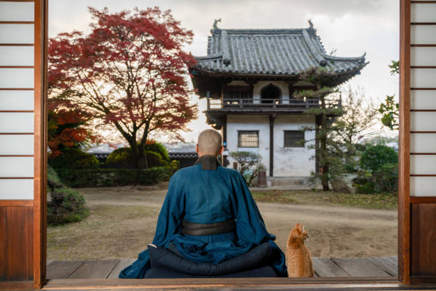 a japanese rinzai buddhist priest is zazen - religion buddha buddhism temple imagens e fotografias de stock