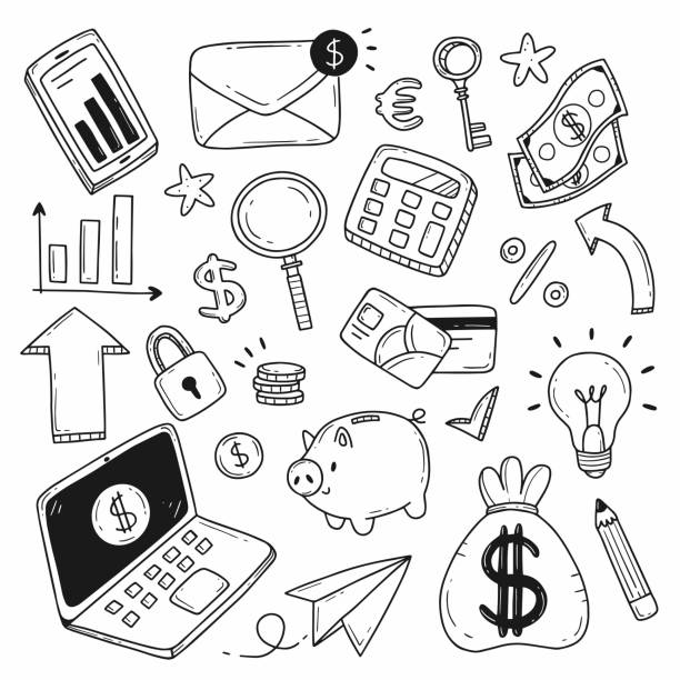 Set of elements on the topic of finance, money, earnings in a flat doodle style. Black and white illustration isolated on white background. Set of elements on the topic of finance, money, earnings in a flat doodle style. Black and white illustration isolated on white background piggy bank calculator stock illustrations