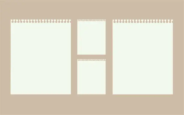 Vector illustration of A set of pieces of notebook papers with holes. Calendar, notebook, magazine, memo, pads, daily, planner. Empty Template. Vector realistic Mockup. EPS10.