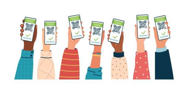 Male and female hands of different nationalities are holding up phones with QR codes on the screen. Vaccine passport, immunity to COVID. Sanitary pass. Vaccinated people. Flat vector illustration Male and female hands of different nationalities are holding up phones with QR codes on the screen. Vaccine passport, immunity to COVID. Sanitary pass. Vaccinated people. Isolated flat vector illustration permission concept illustrations stock illustrations