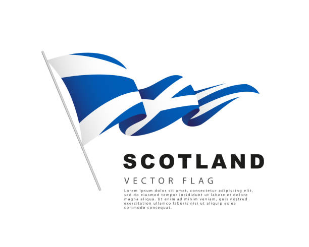 The flag of Scotland hangs from a flagpole and flutters in the wind. Vector illustration isolated on white background. The flag of Scotland hangs from a flagpole and flutters in the wind. Vector illustration isolated on white background. Scottish flag colorful logo. scottish flag stock illustrations