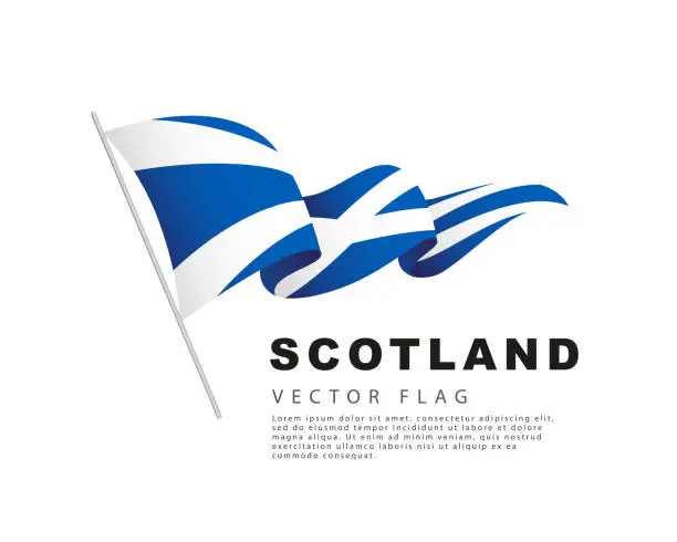 Vector illustration of The flag of Scotland hangs from a flagpole and flutters in the wind. Vector illustration isolated on white background.