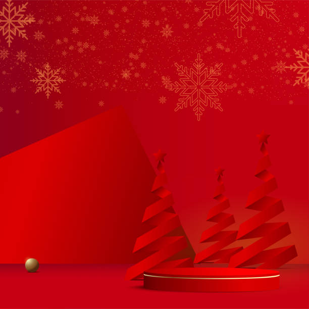 istock Merry Christmas and Happy New Year background with red podium and paper pine tree. Vector. 1355657903