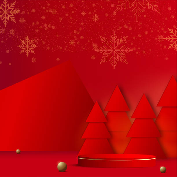istock Merry Christmas and Happy New Year background with red podium and paper pine tree. Vector. 1355658771