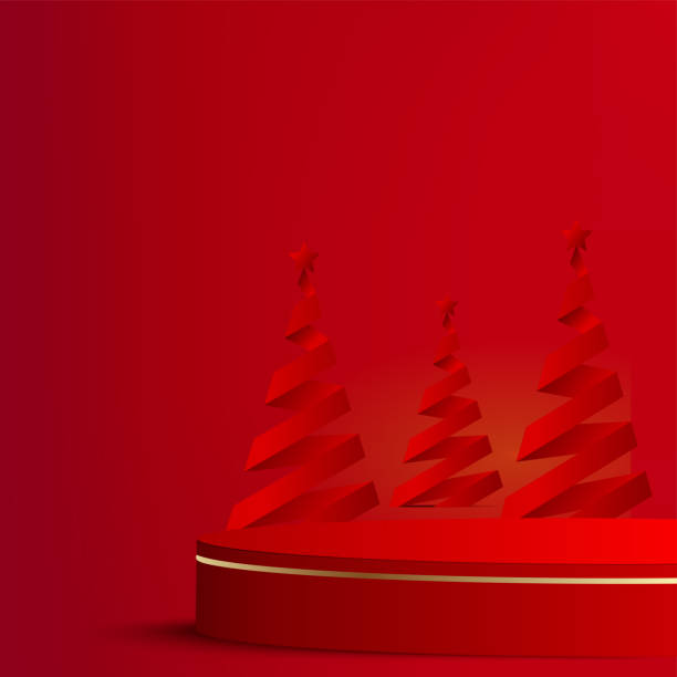 istock Merry Christmas and Happy New Year background with red podium and paper pine tree. Vector. 1355659273