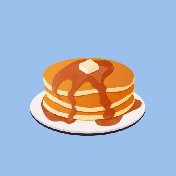 ilustraciones, imágenes clip art, dibujos animados e iconos de stock de panqueques con jarabe en un plato sobre fondo azul - pancake buttermilk buttermilk pancakes equipment