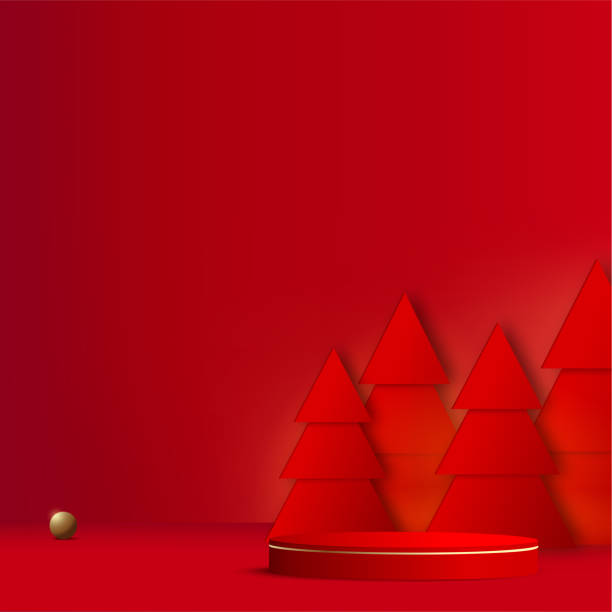 istock Merry Christmas and Happy New Year background with red podium and paper pine tree. Vector. 1355659588