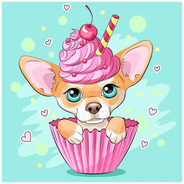 Vector illustration of Cute happy funny chihuahua cartoon dog in cupcake, lovely chiwawa puppy girl in yummy muffin with pink frosting on blue background