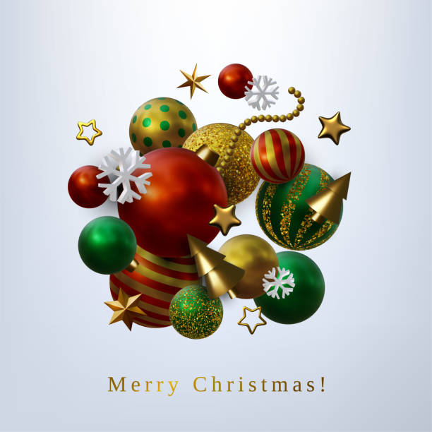 istock Abstract Christmas 3D vector illustration with different golden stars, Christmas trees and balls. 1355661410