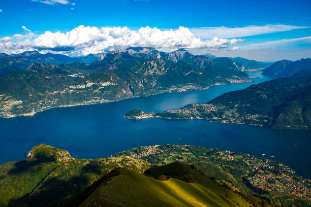 Panorama on Lake Como. The panorama of Lake Como, photographed from Monte di Tremezzo, showing the Northern Grigna, the Southern Grigna, the Lecco branch, the town of Bellagio, and the surrounding mountains. lombardy stock pictures, royalty-free photos & images