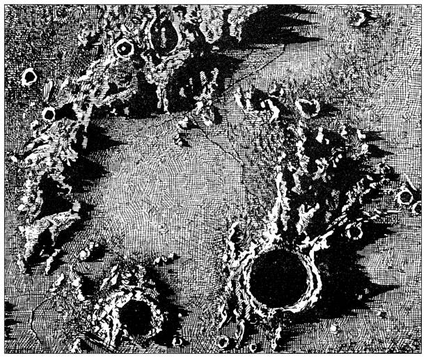 ilustrações, clipart, desenhos animados e ícones de ilustração antiga: superfície lunar, cratera archymedes, cratera autolycus, montanhas apeninas - antique engraved image moonlight night