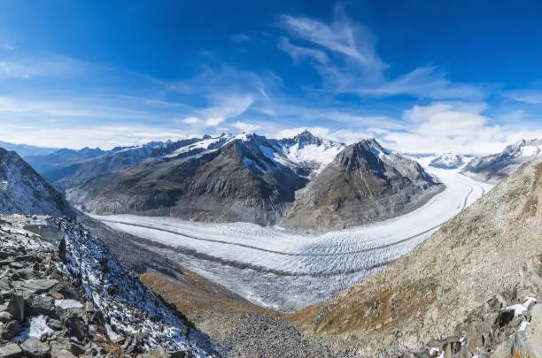 wide panoramic view of aletsch glacier under blue sunny sky
