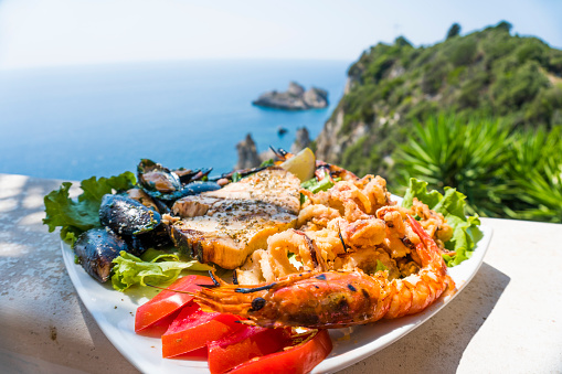 Seafood platter. Lunch by the sea, Greece, Corfu Island.