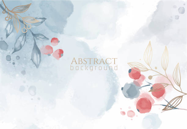 watercolor blue background with berries abstract winter watercolor blue background with red berries fall flower stock illustrations