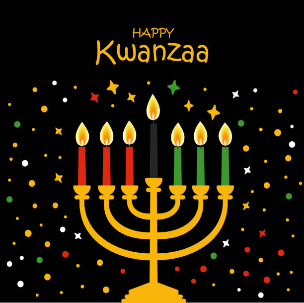 Happy Kwanzaa vector flat illustration on black dark background with confetti. African celebration cute design card. Happy Kwanzaa vector flat illustration on black dark background with confetti. African celebration design card. kwanzaa stock illustrations