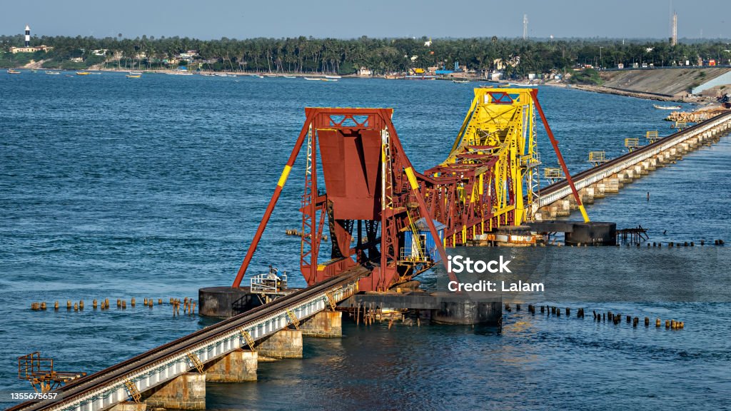 Pamban Bridge is a railway bridge which connects the town of Mandapam in mainland India with Pamban Island  and Rameswaram. Tamil Nadu Stock Photo