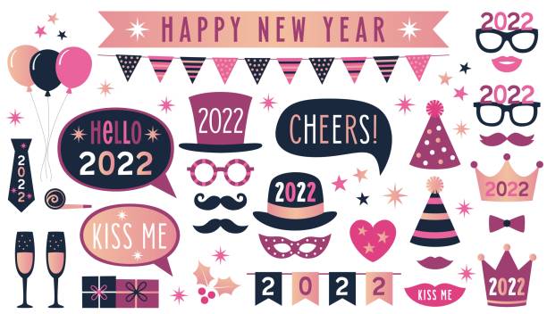 New Years eve party 2022, vector photo booth props New Years eve party 2022, vector photo booth props photo booth stock illustrations