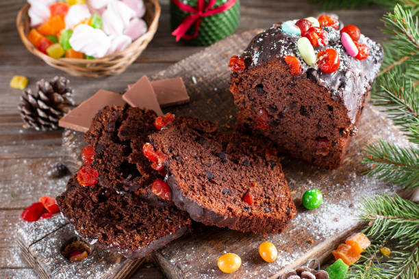 istock Traditional Christmas cake on wooden table 1355676461