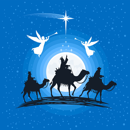 Christmas Nativity Scene. Shining star and three wise men.