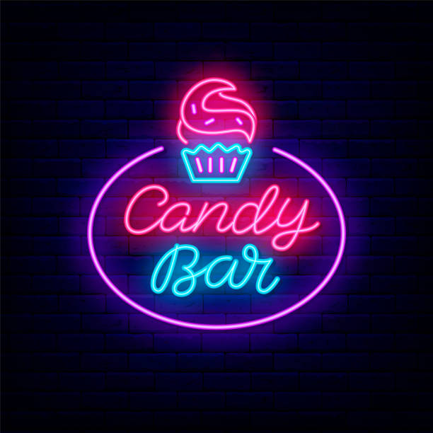 istock Candy bar neon lettering signboard. Sweet shop label. Cupcake icon on brick wall. Isolated vector illustration 1355680935