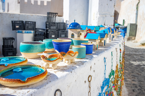 Handmade colorful wicker baskets on open air market in Morro Jable, Fuerteventura, Spain