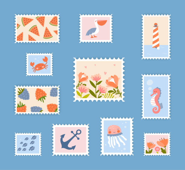 ilustraciones, imágenes clip art, dibujos animados e iconos de stock de conjunto de sellos postales - envelope mail letter multi colored