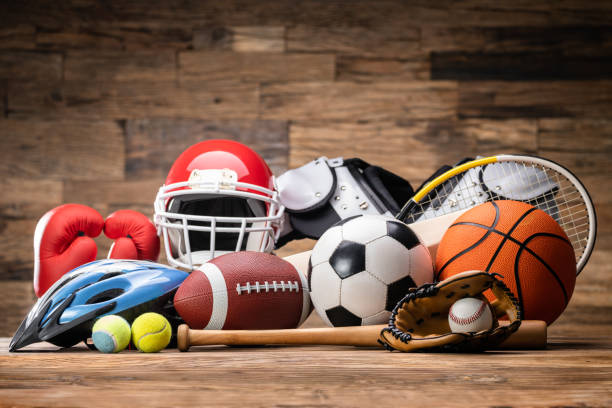 Various Sport Equipment Gear Various Sport Equipment Gear And Many Different Accessories sports stock pictures, royalty-free photos & images