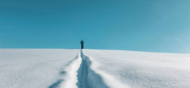 istock Hikers with blue jacket and backpack on the horizon in winter 1355687289